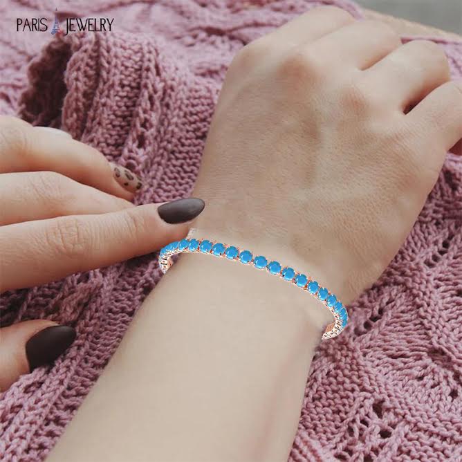 10k Rose Gold 7 Cttw Created Turquoise Round Adjustable Tennis Plated Bracelet