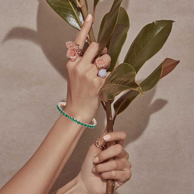 10k Rose Gold 7 Cttw Created Emerald Round Adjustable Tennis Plated Bracelet