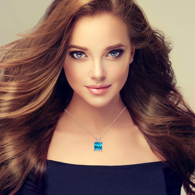 18K Rose Gold 2 Carat Created Blue Topaz Princess Stud Necklace Plated 18 inch