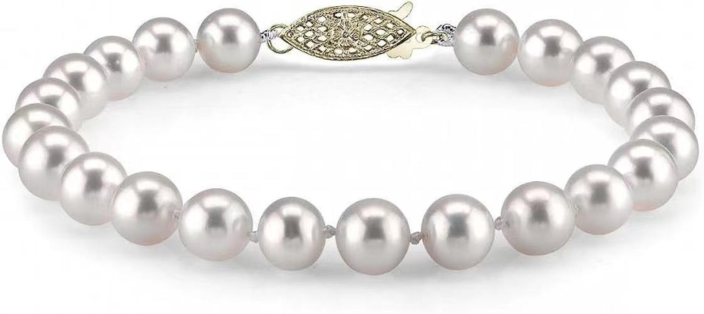 Paris Jewelry White Freshwater Cultured Pearl Bracelet with 18K Yellow Gold Plated Clasp, 7.0-7.5mm