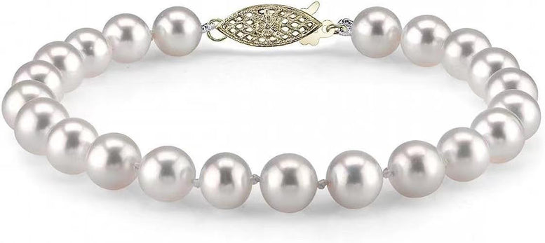 Paris Jewelry White Freshwater Cultured Pearl Bracelet with 18K Yellow Gold Plated Clasp, 7.0-7.5mm