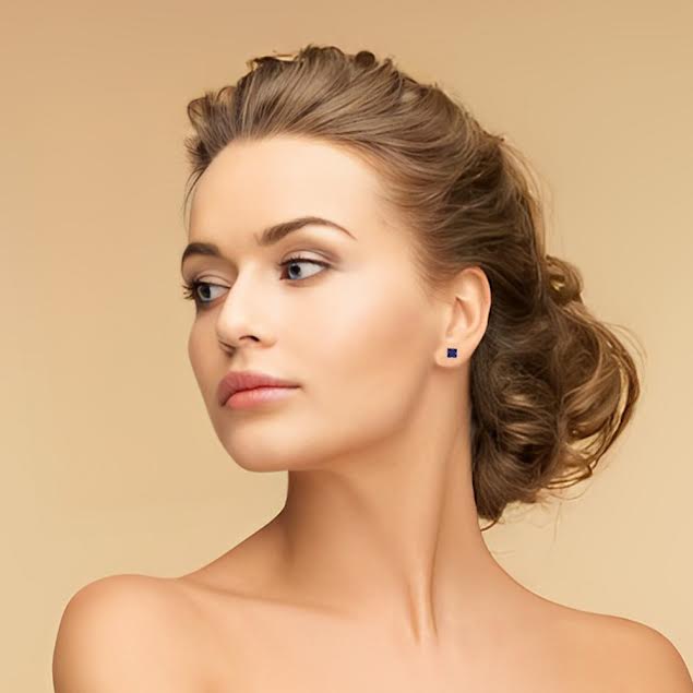 14k White Gold Plated 1 Carat Princess Cut Created Blue Sapphire Stud Earrings