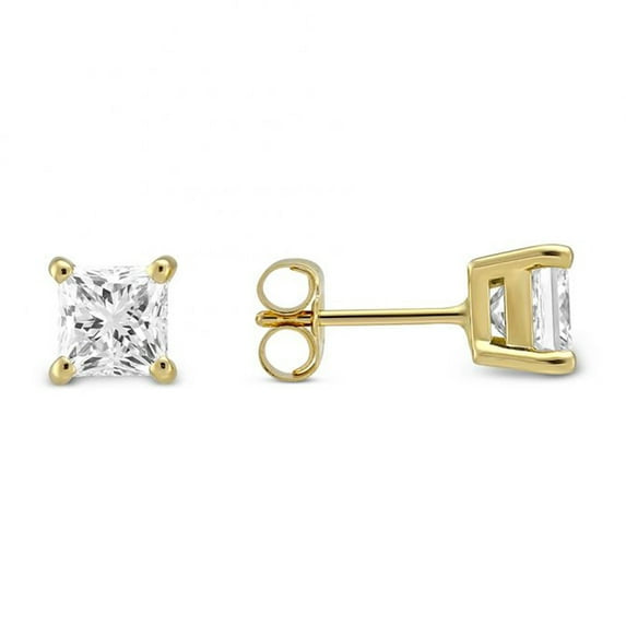 14k Yellow Gold 3/4Ct Solitaire Princess Created White Diamond (G-H, I1) Stud Earrings Plated by Paris Jewelry