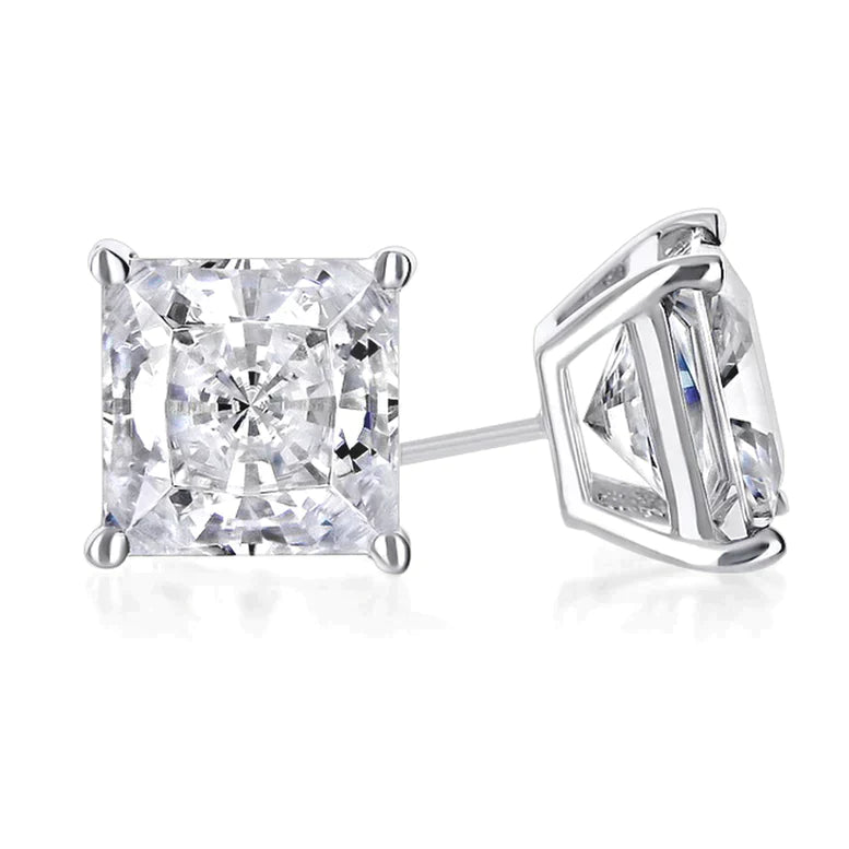 14K White Solid Gold Created White Sapphire Princess Stud Earrings 7mm
