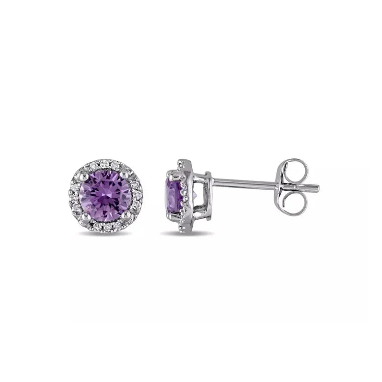 Paris Jewelry 18k White Gold 1 Carat Created Halo Round Sapphire Birthstone Stud Earrings All Colors Plated