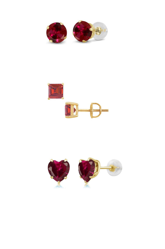 Paris Jewelry 18k Yellow Gold Created Ruby 3 Pair Round, Square And Heart Stud Earrings Plated 4mm