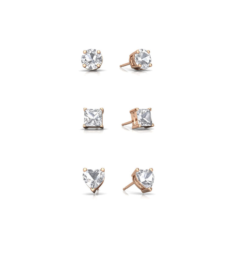 18k Rose Gold Plated Moissanite 3 Pair Round, Square and Heart Stud Earrings 4mm By Paris Jewelry