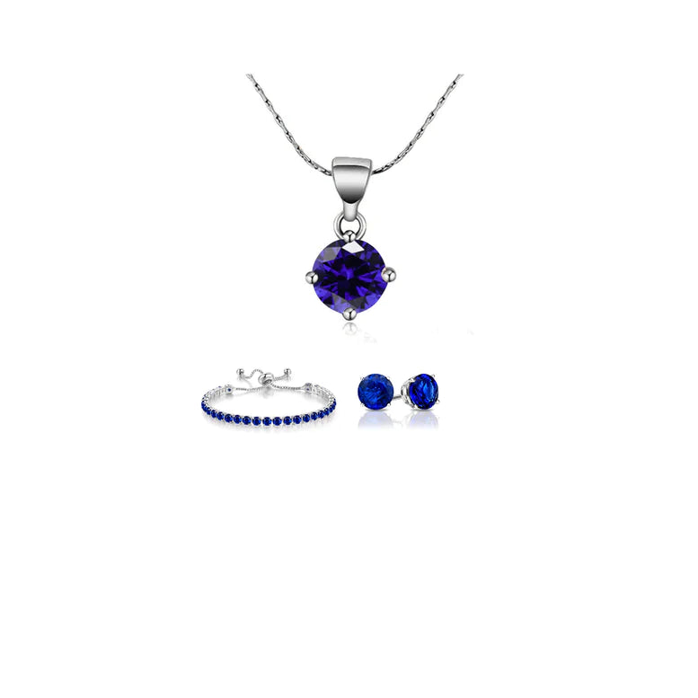 18K White Gold 3 Set Created Blue Sapphire Round Necklace, Earrings and Tennis Bracelet Plated