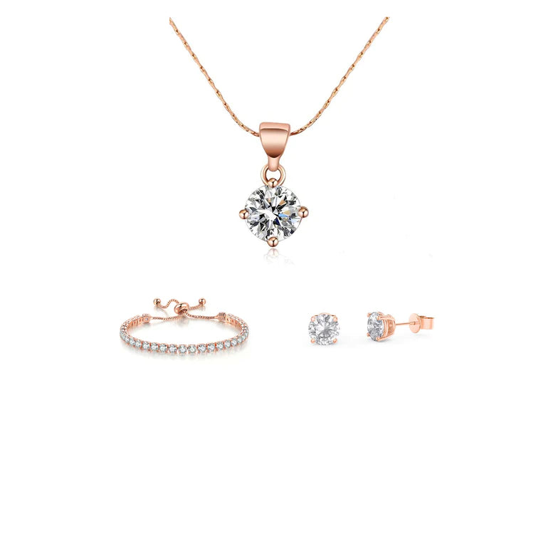 18K Rose Gold 3 Set Created White Sapphire Round Necklace, Earrings and Tennis Bracelet Plated
