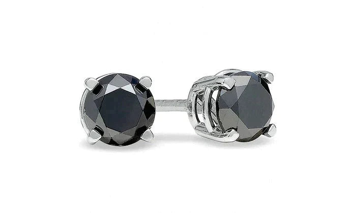 14K White Solid Gold Created Black Round Sapphire Stud Earrings 7mm