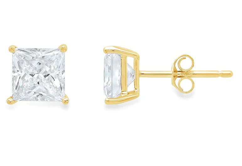 14K Yellow Solid Gold Created White Sapphire Princess Stud Earrings 7mm