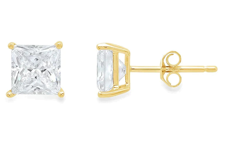14K Yellow Solid Gold Created White Diamond Princess Stud Earrings 4mm