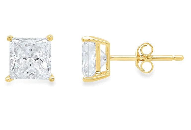 14K Yellow Solid Gold Created White Sapphire Princess Stud Earrings 1ct