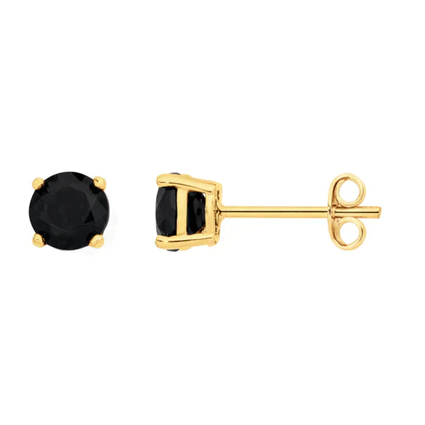 14K Yellow Solid Gold Created Black Round Sapphire Stud Earrings 7mm