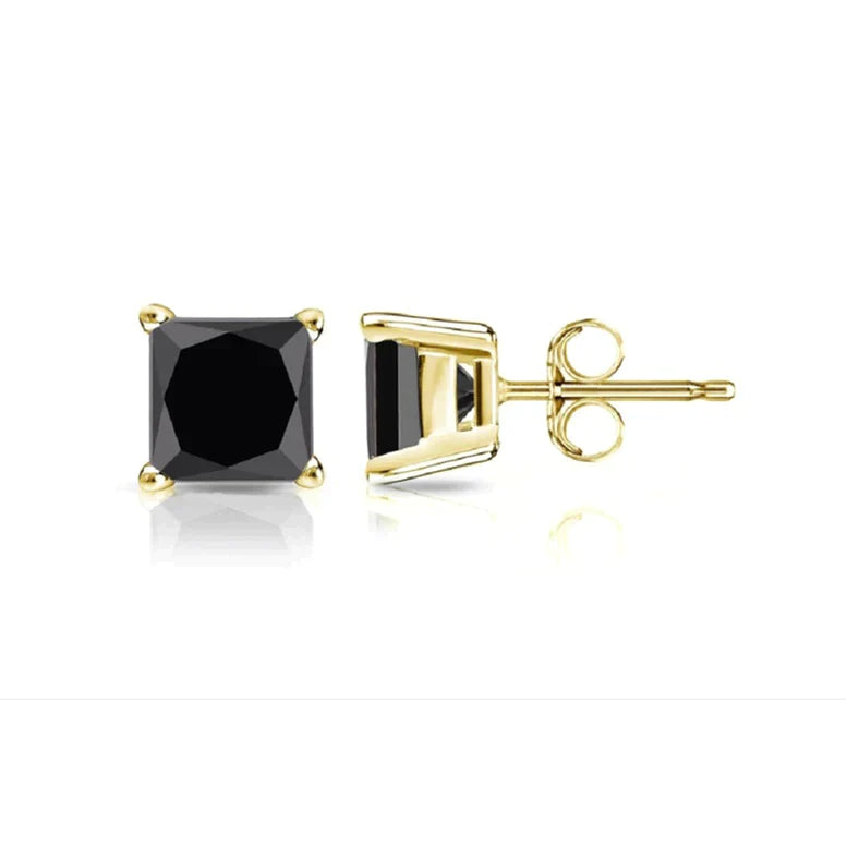 14K Yellow Solid Gold Black Diamond Square Stud Earrings 4mm