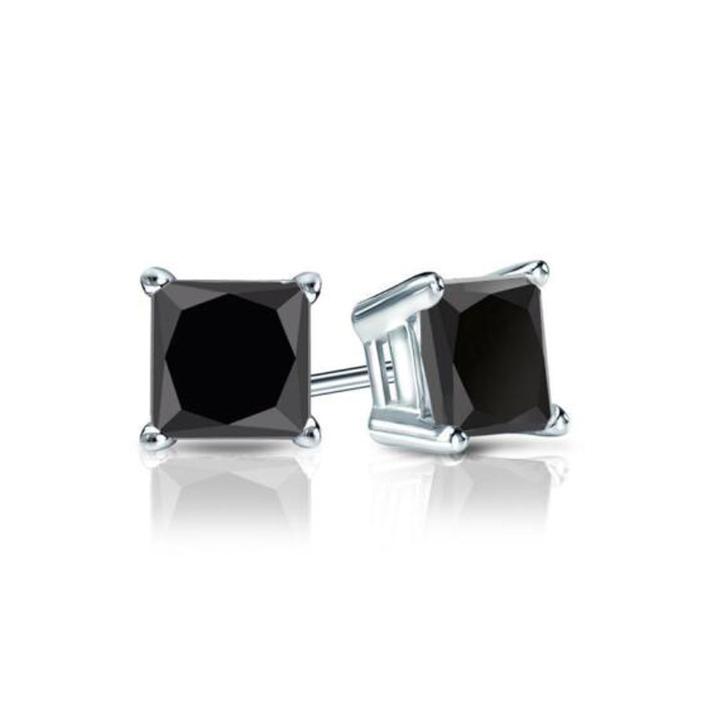 Paris Jewelry 14k White Gold Push Back Princess Created Black Sapphire Stud Earrings 4mm