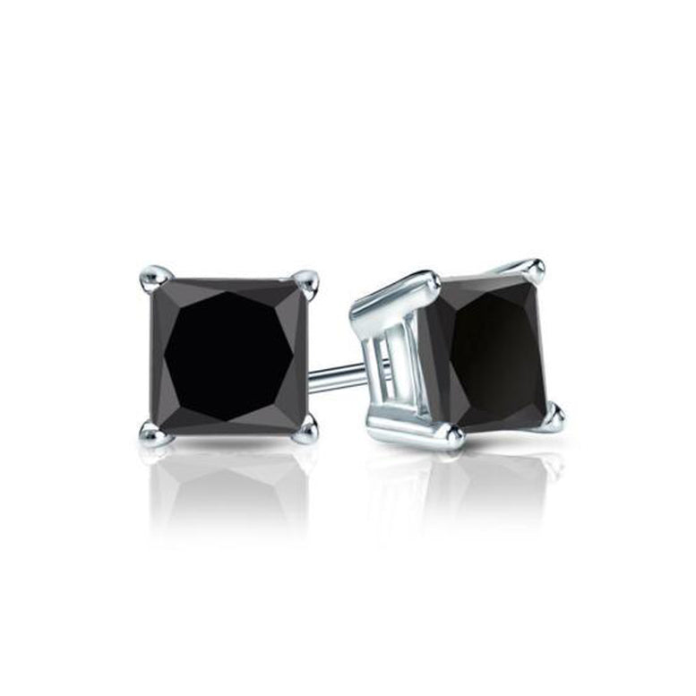 Paris Jewelry 14k White Gold Push Back Princess Created Black Sapphire Stud Earrings 3mm