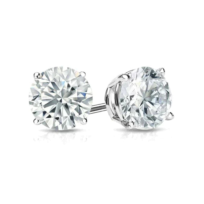 14K White Solid Gold Created White Diamond Round Stud Earrings 4mm