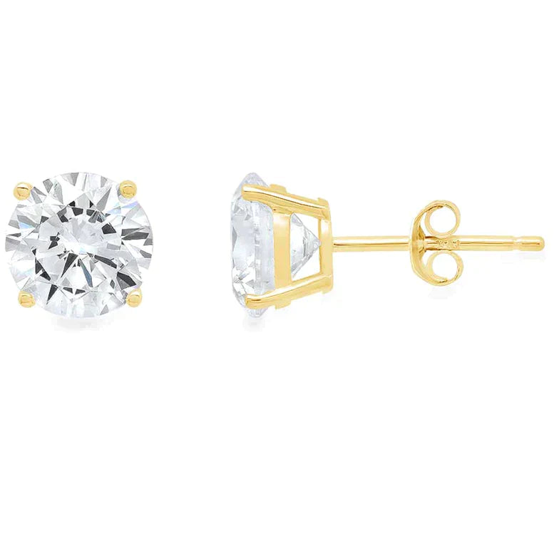 14K Yellow Solid Gold Created White Diamond Round Stud Earrings 6mm