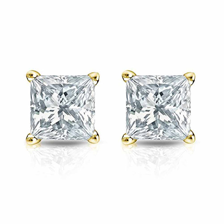 Paris Jewelry 14k Yellow Gold Push Back Princess Created Diamond Stud Earrings 3mm