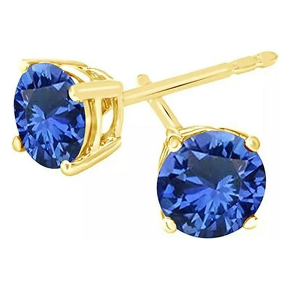 PJ Jewelry 1 Ct Round Blue Sapphire Stud Earrings, 14k Yellow Gold Plated Over Sterling Silver