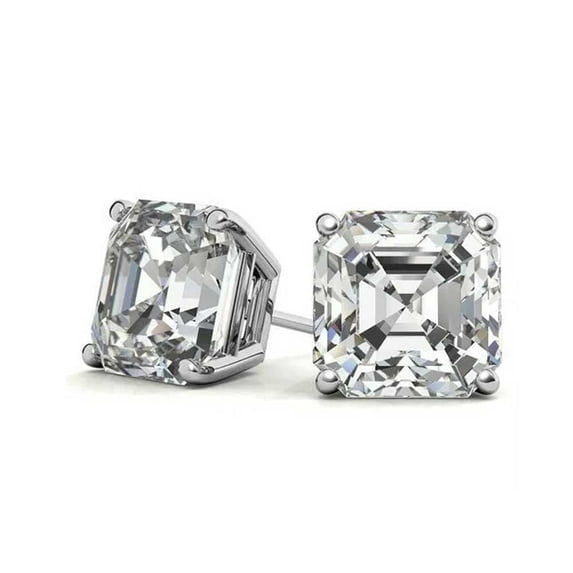 18K White Gold 4mm, 6mm Asscher Cut White Topaz Stud Earrings Plated by Paris Jewelry