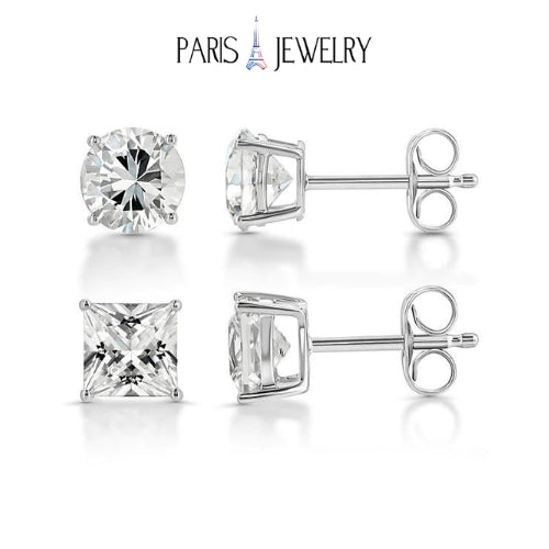 18k White Gold 2 Pair Moissanite Round & Princess Cut Stud Earrings Plated 6mm By Paris Jewelry