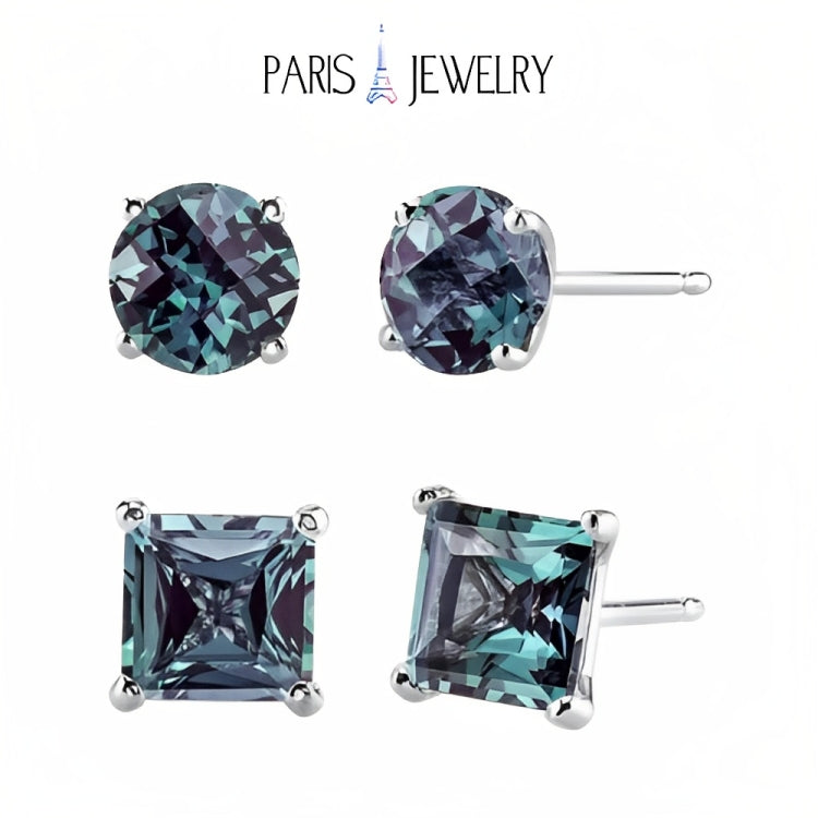 Paris Jewelry 18k White Gold 2 Pair Created Alexandrite 6mm Round & Princess Cut Stud Earrings Plated
