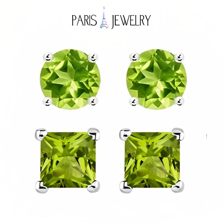 Paris Jewelry 18k White Gold 2 Pair Created Peridot 4mm Round & Princess Cut Stud Earrings Plated