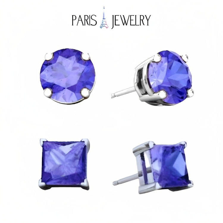 Paris Jewelry 18k White Gold 2 Pair Created Tanzanite 4mm Round & Princess Cut Stud Earrings Plated