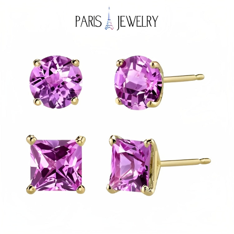 Paris Jewelry 18k Yellow Gold 2 Pair Created Pink Sapphire 4mm Round & Princess Cut Stud Earrings Plated