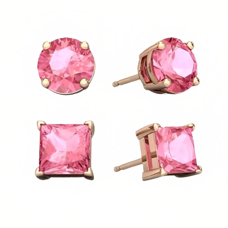 Paris Jewelry 18k Rose Gold 2 Pair Created Pink Sapphire 4mm, 6mm Round & Princess Cut Stud Earrings Plated
