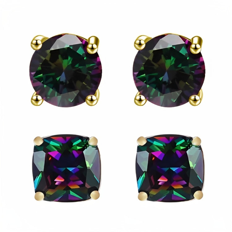 Paris Jewelry 18k Yellow Gold 2 Pair Created Mystic 4mm, 6mm Round & Princess Cut Stud Earrings Plated
