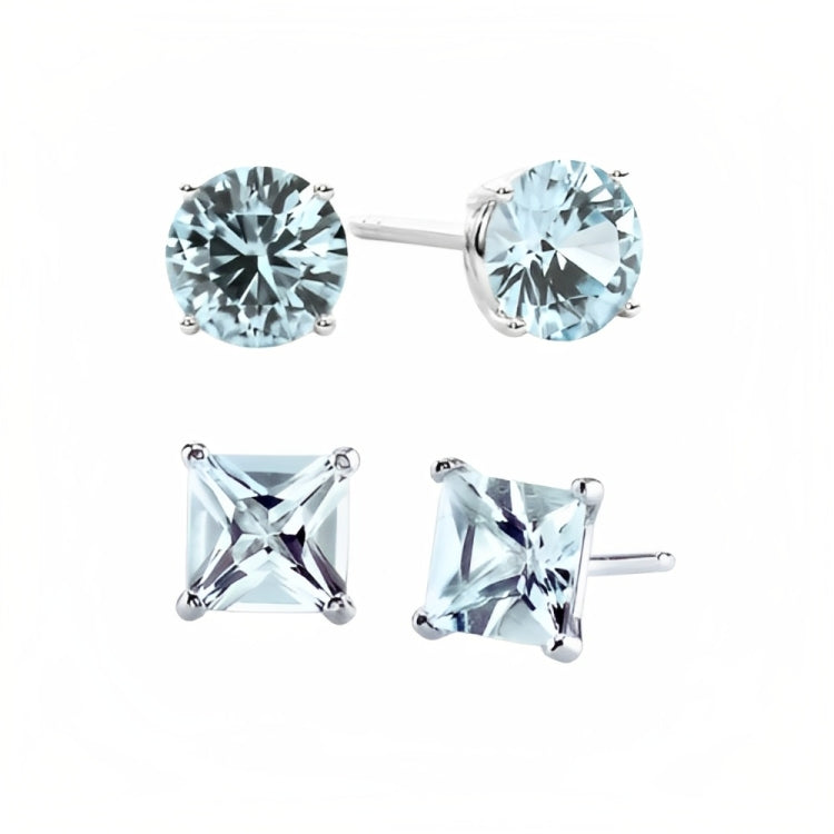 Paris Jewelry 18k White Gold 2 Pair Created Aquamarine 4mm, 6mm Round & Princess Cut Stud Earrings Plated