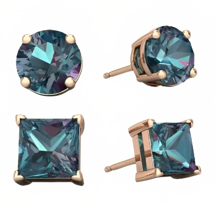 Paris Jewelry 18k Rose Gold 2 Pair Created Alexandrite 6mm Round & Princess Cut Stud Earrings Plated