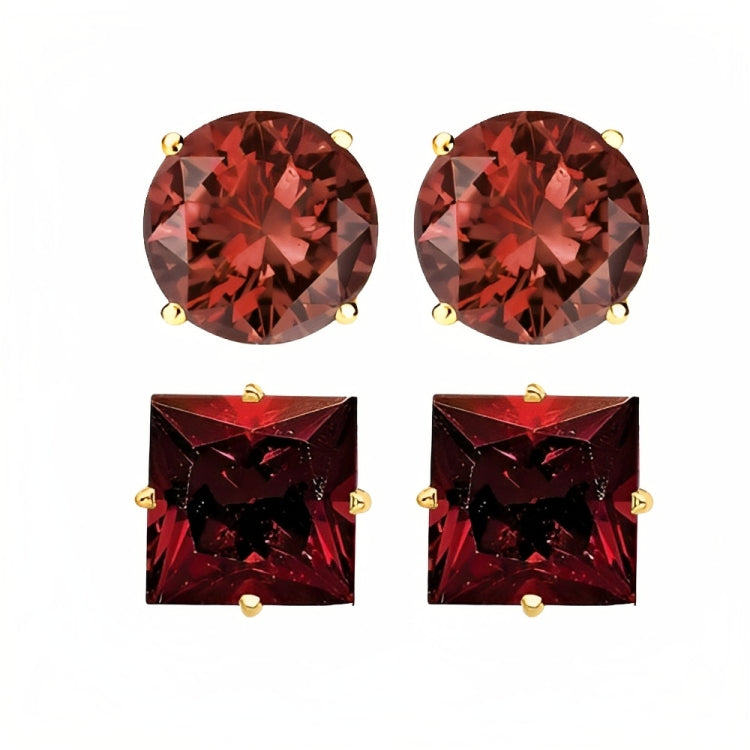 Paris Jewelry 18k Yellow Gold 2 Pair Created Garnet 4mm, 6mm Round & Princess Cut Stud Earrings Plated