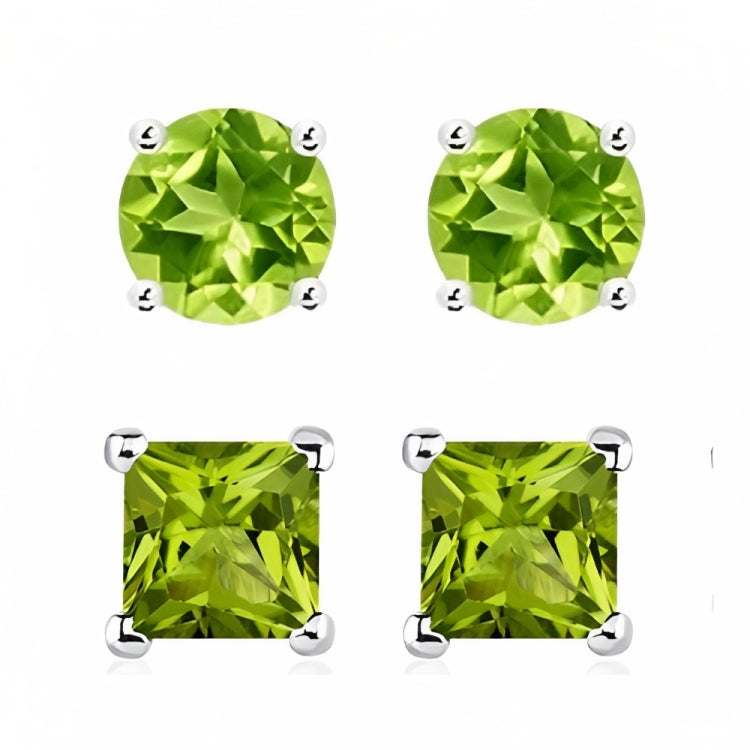 Paris Jewelry 18k White Gold 2 Pair Created Peridot 4mm, 6mm Round & Princess Cut Stud Earrings Plated