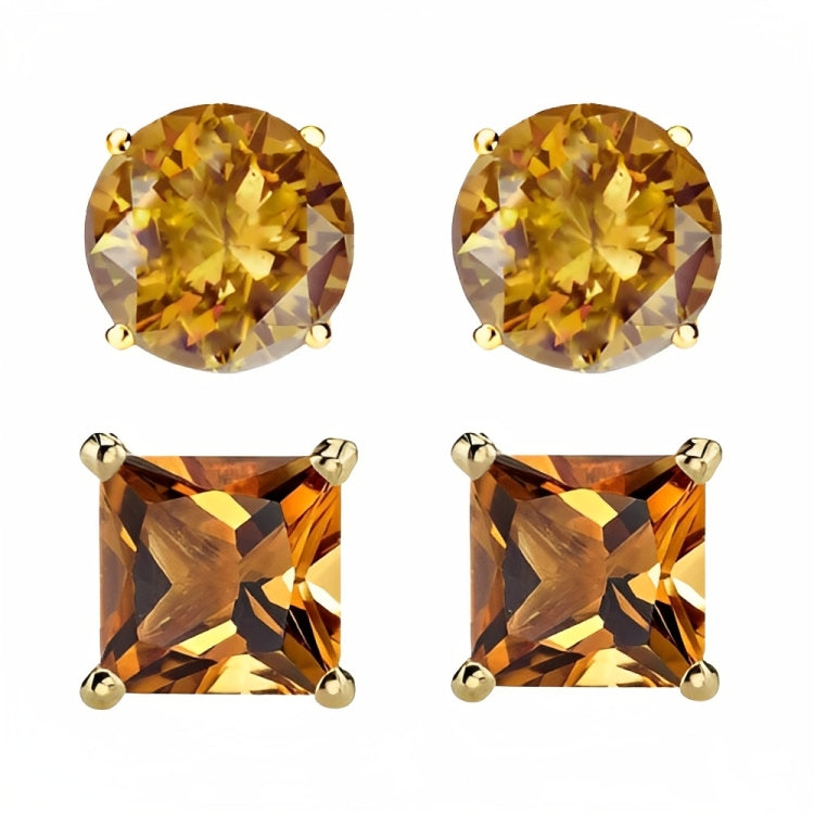 Paris Jewelry 18k Yellow Gold 2 Pair Created Citrine 4mm Round & Princess Cut Stud Earrings Plated