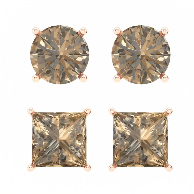 Paris Jewelry 18k Rose Gold 2 Pair Created Champagne 6mm Round & Princess Cut Stud Earrings Plated
