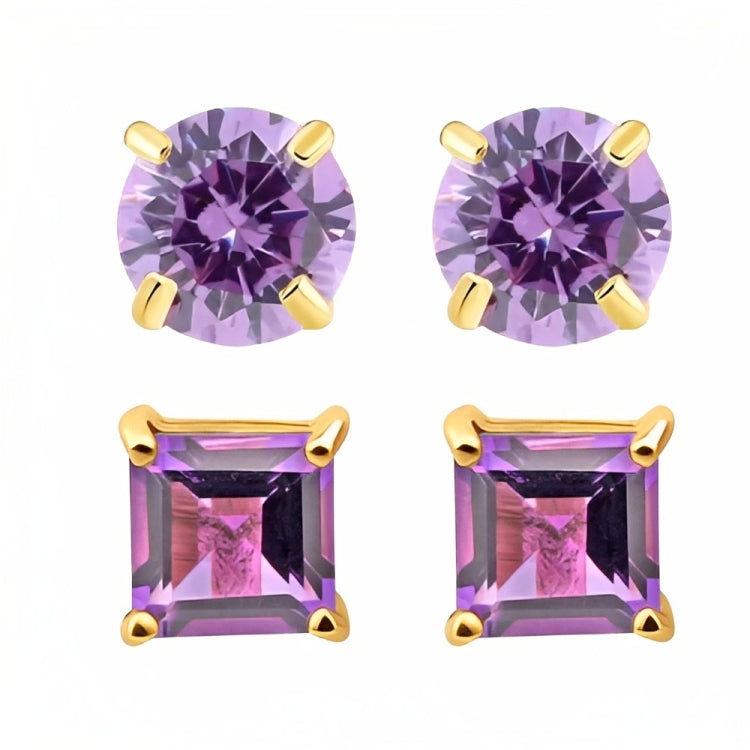 Paris Jewelry 18k Yellow Gold 2 Pair Created Amethyst 6mm Round & Princess Cut Stud Earrings Plated