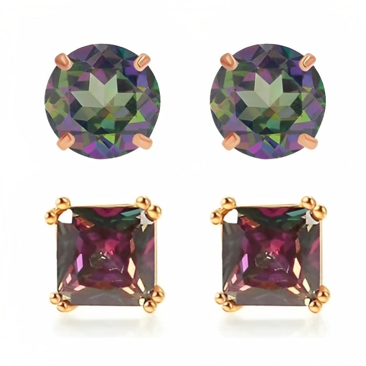 Paris Jewelry 18k Rose Gold 2 Pair Created Mystic 4mm, 6mm Round & Princess Cut Stud Earrings Plated