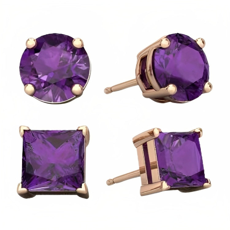 Paris Jewelry 18k Rose Gold 2 Pair Created Amethyst 4mm, 6mm Round & Princess Cut Stud Earrings Plated