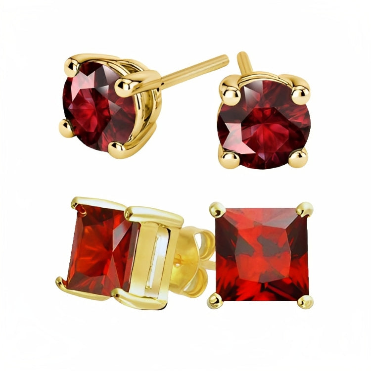 Paris Jewelry 18k Yellow Gold 2 Pair Created Ruby 4mm, 6mm Round & Princess Cut Stud Earrings Plated