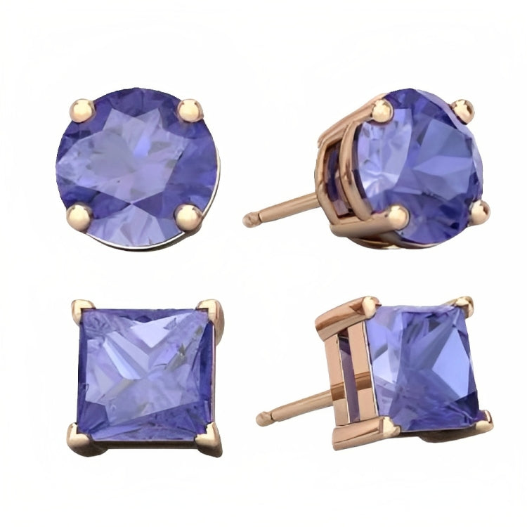 Paris Jewelry 18k Rose Gold 2 Pair Created Tanzanite 4mm, 6mm Round & Princess Cut Stud Earrings Plated