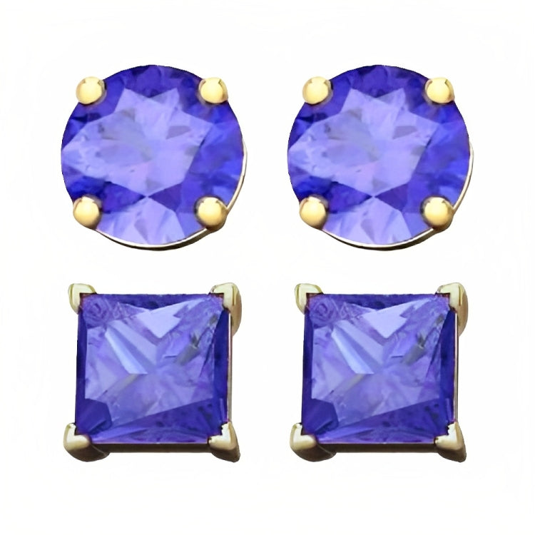Paris Jewelry 18k Yellow Gold 2 Pair Created Tanzanite 4mm Round & Princess Cut Stud Earrings Plated