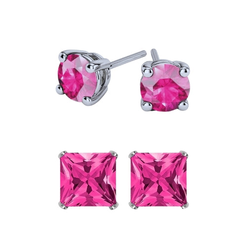 Paris Jewelry 18k White Gold 2 Pair Created Pink Sapphire 6mm Round & Princess Cut Stud Earrings Plated