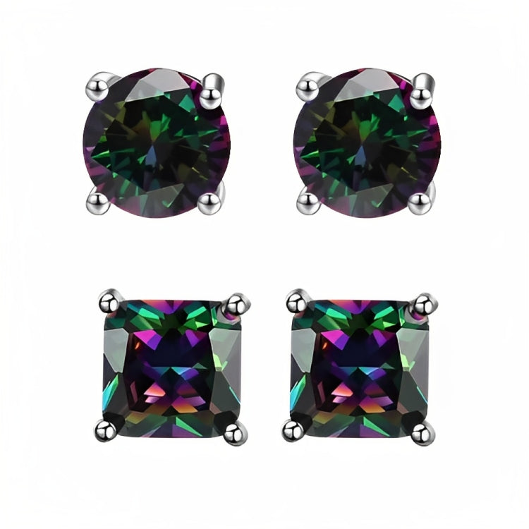 Paris Jewelry 18k White Gold 2 Pair Created Mystic 6mm Round & Princess Cut Stud Earrings Plated