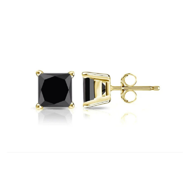 Paris Jewelry 14K Yellow Solid Gold Created Black Diamond 1/4Ct, 1/2Ct, 1Ct, 2Ct, 3CT Round and Princess Stud Earrings 2 Pairs