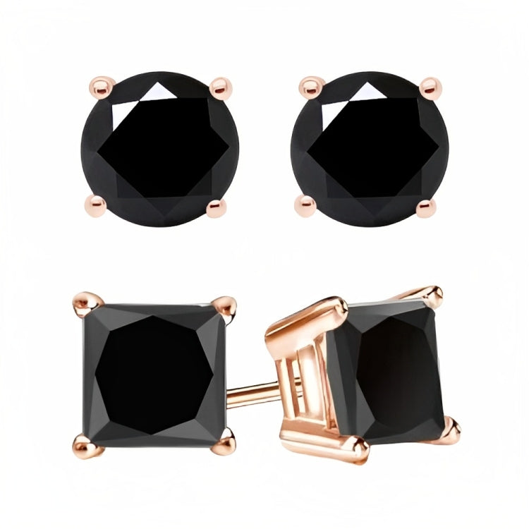 18k Rose Gold 2 Pair Black Moissanite Round & Princess Cut Stud Earrings Plated 4mm By Paris Jewelry