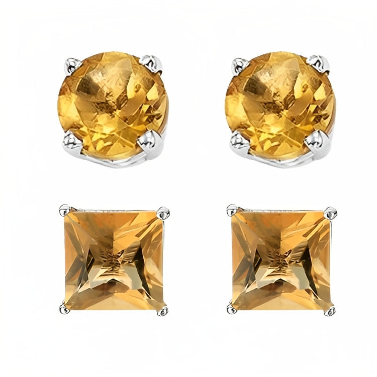 Paris Jewelry 18k White Gold 2 Pair Created Citrine 4mm, 6mm Round & Princess Cut Stud Earrings Plated